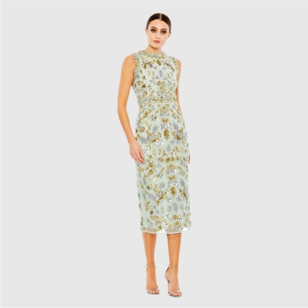 NWT Mac Duggal 93761 Sequined High Neck Sleeveless Sheath Dress Size Sage 6
